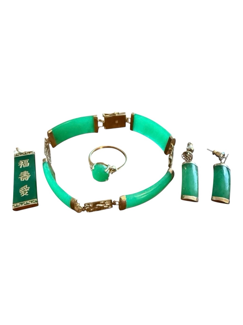 Jade 14K Gold Jewelry Set Bracelet Earrings Pendant Ring 4 Pc Chinese Symbols